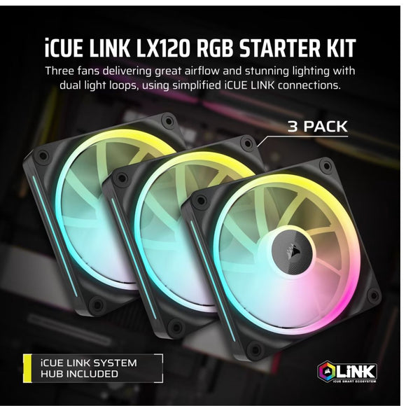 Corsair LX120 Triple Black - iCUE LINK LX120 RGB 120mm PWM Fans Starter Kit