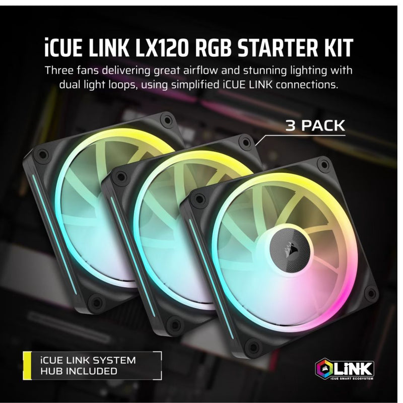 Corsair LX120 Triple Black - iCUE LINK LX120 RGB 120mm PWM Fans Starter Kit