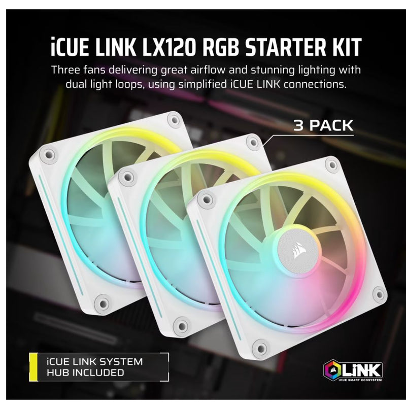 Corsair LX120 White, Triple - iCUE LINK LX120 RGB 120mm PWM Fans Starter Kit - White