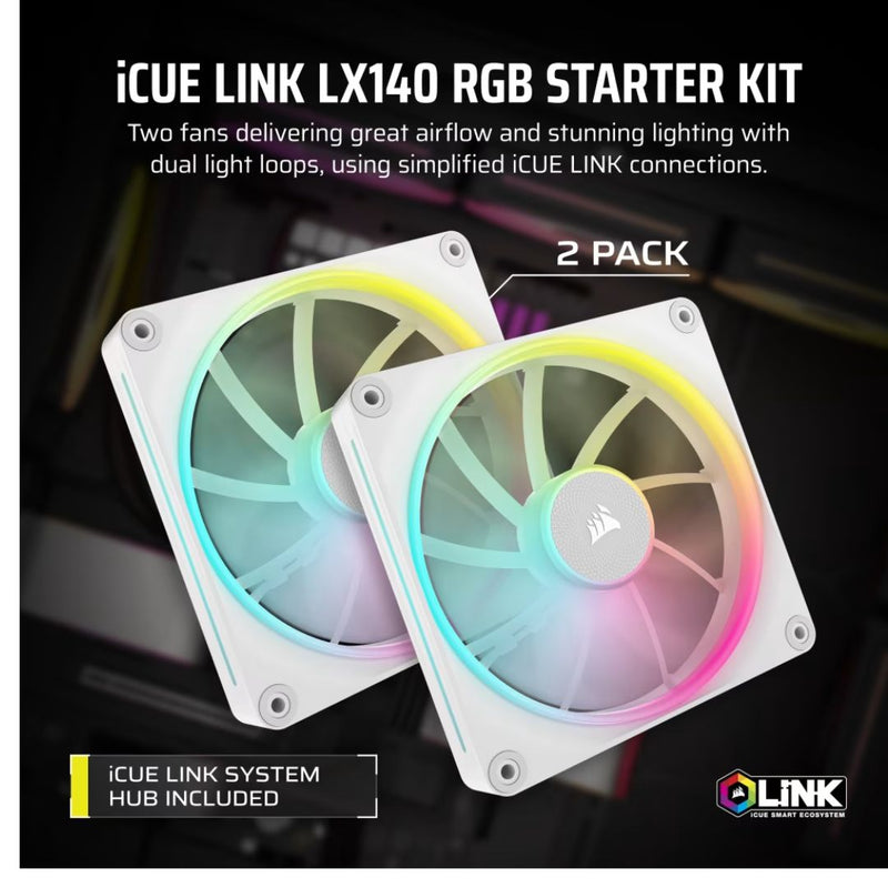 Corsair LX140 White, Dual -iCUE LINK LX140 RGB 140mm PWM Fans Starter Kit - White