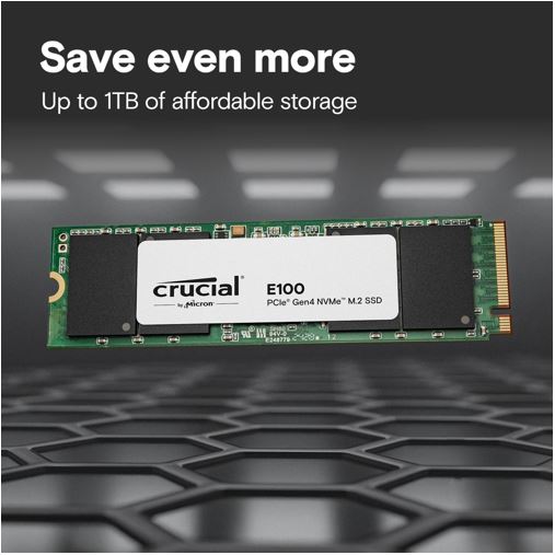 Micron (Crucial) Crucial E100 2TB Gen4 NVMe SSD 5000/4500 MB/s R/W 100TBW 350K/460K IOPS 1M hrs MTTF M.2 2280 PCIe4 3yrs ~Crucial P3 Plus