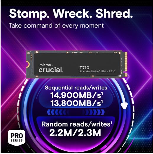 Micron (Crucial) Crucial T710 4TB PCIe Gen5 NVMe 2280 SSD - 14500/13800 MB/s R/W 2400TBW 1500K IOPs 1.5M hrs MTTF with DirectStorage for Intel & AMD