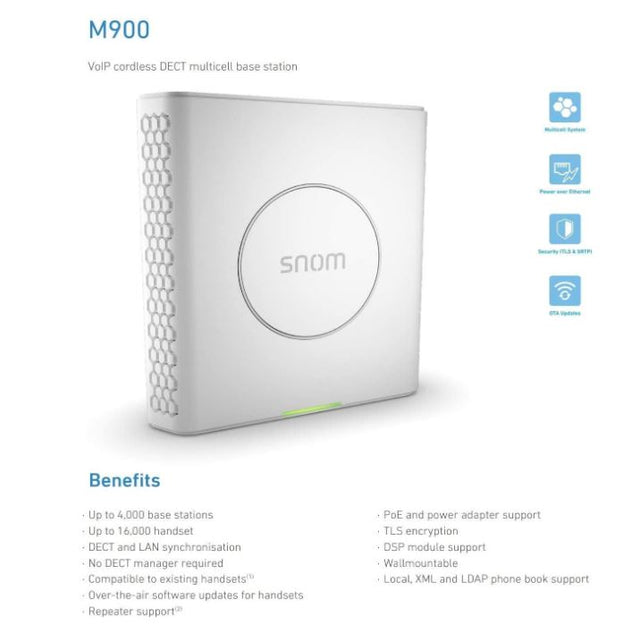 SNOM M900 IP DECT Telephone Multicell Base Station,  PoE, Up To 4,000 Base Stations, Up To 16,000 Handsets, Up To 8 Parallel Calls Per Base