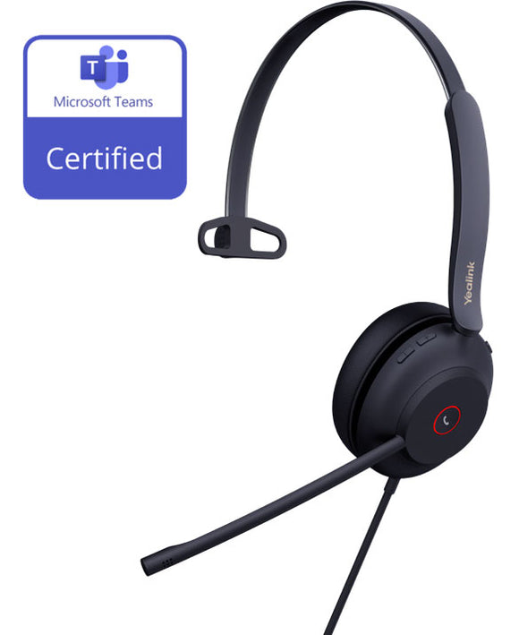 Yealink UH37 Microsoft Teams Certified USB Wired Headset, Mono, USB-C, 35mm Speaker, Busylight, Leather Ear Cushion, HD Audio