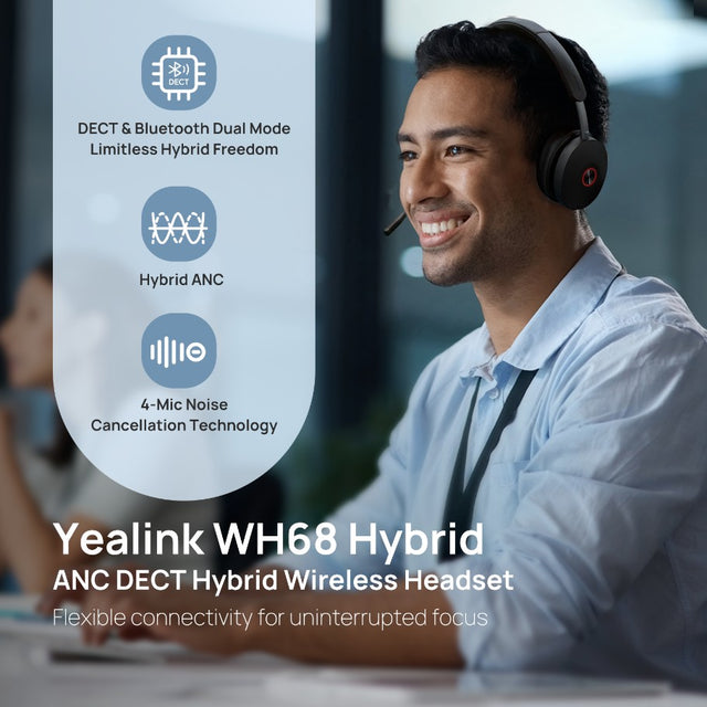 Yealink WH68 Dual Teams Hybrid  DECT & Bluetooth Hybrid Wireless Technology, 4-Mic Hybrid ANC, 4-Mic Noise Cancellation, All-Day-Wearing Comfort WDD60
