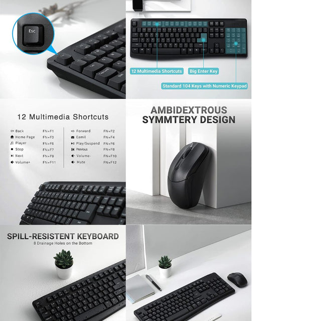 RAPOO X1800Pro Wireless Mouse & Keyboard Combo - 2.4G, 10M Range, Optical, Long Battery, Spill-Resistant Design,1000 DPI, Nano Receiver, Office Choice