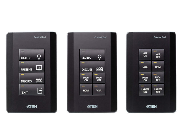 Aten 8 Button Control Pad in black color with 1 Gang US wall plate, 2 RS232, 2 relay, 1 Digital I/O and Ethernet connection support, 14 button layouts