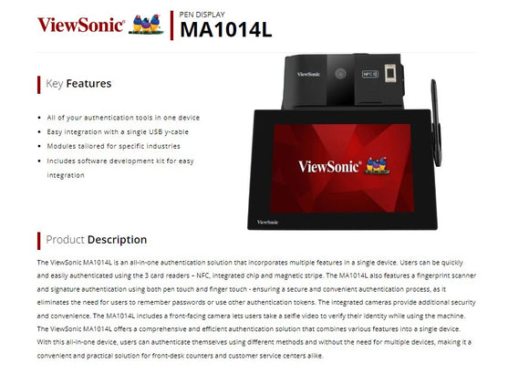 ViewSonic Pen Display MA1014L, NFC, Camera, Pen and Pouch, authentication Tools in one device