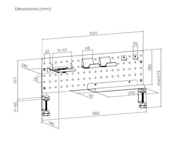 Brateck GMPB-05-02-B CLAMP-ON DESK PEGBOARD ORGANIZER WITH STORAGE KITS (BLACK) (LS)