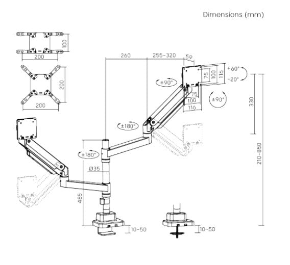 Brateck LDT80-C024P Matte Black Super Heavy-Duty Pole-Mounted Gas Spring Dual Monitor Arm For most 24"-57" Monitors (new)