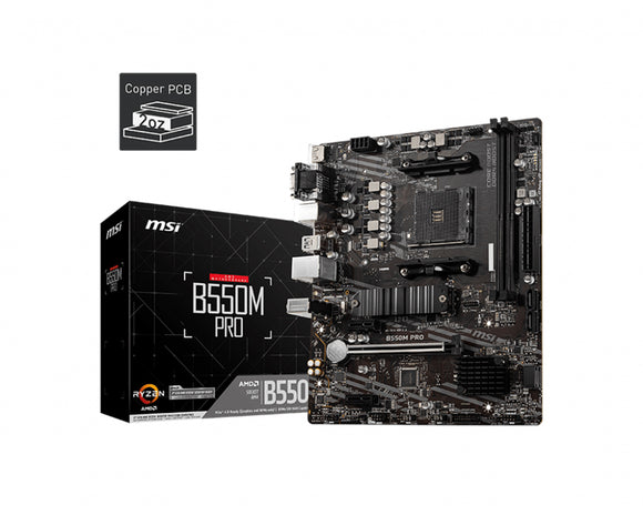 MSI B550M PRO Motherboard AMD Ryzen AM4 DDR4 2x DIMM Slots (Max 64GB) 1x PCI-e 4.0 DP HDMI VGA 1x M.2 4x SATA 6x USB 3.2 Gen 1 6x USB 2.0