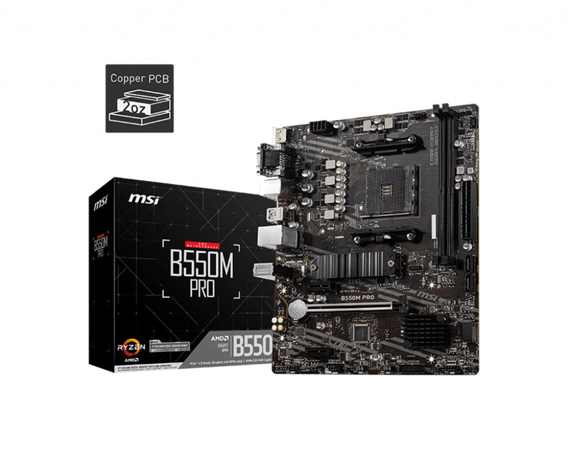 MSI B550M PRO Motherboard AMD Ryzen AM4 DDR4 2x DIMM Slots (Max 64GB) 1x PCI-e 4.0 DP HDMI VGA 1x M.2 4x SATA 6x USB 3.2 Gen 1 6x USB 2.0