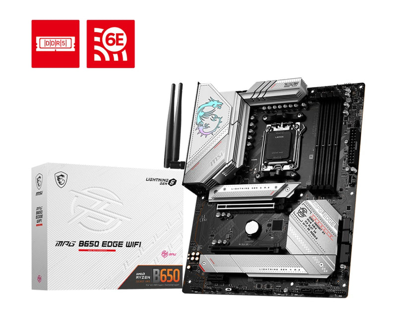 MSI MPG B650 EDGE WIFI AMD AM5 ATX Motherboard, 4x DDR5 ~128GB, 2x PCI-E x16, 1x PCI-E x1, 3x M.2, 6x SATA, 2x USB2.0, 7x USB 3.2, 1x USB-C