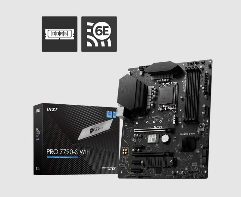 MSI PRO Z790-S WIFI DDR5 Intel LGA 1700 ATX Motherboard, 4x DDR5~256GB, 2x PCI-E x 16, 3x PCI-E x 1, 2x M.2, 4x SATA, 8x USB 3.2, 6x USB 2.0