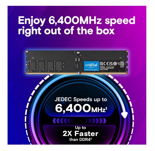 Micron (Crucial) Crucial 64GB (1x64GB) DDR5 CUDIMM 6400MHZ CL52 Desktop PC Memory for Intel Core Ultra Processors AI PC