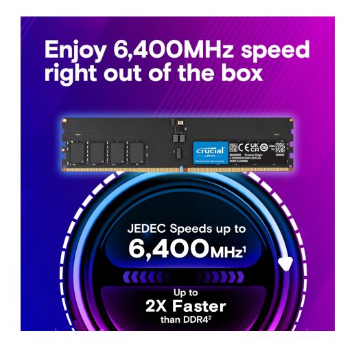 Micron (Crucial) Crucial 64GB (2x32GB) DDR5 CUDIMM 6400MHZ CL52 Desktop PC Memory for Intel Core Ultra Processors AI PC