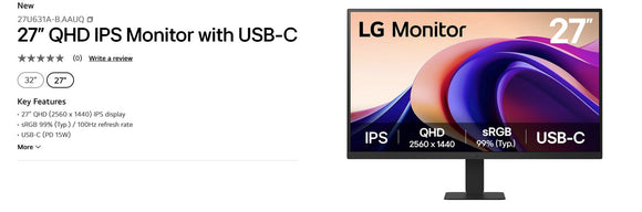 LG 27'' IPS 5ms QHD HDR10 Monitor with AMD FreeSync™ HDMI/DP Tilt VESA 100 x100 mm