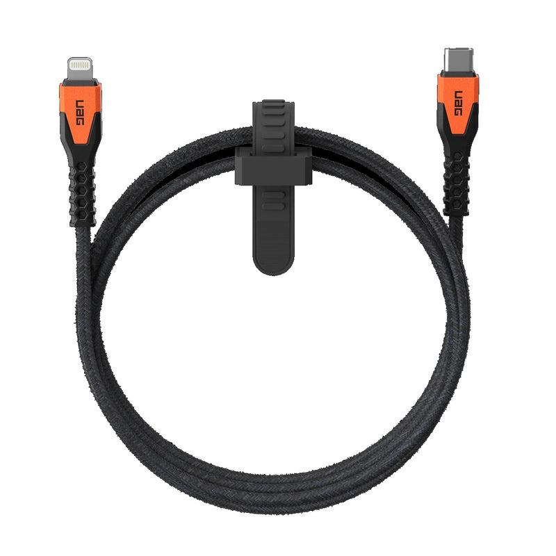 UAG Kevlar Core Lightning to USB-C (1.5M) Power Cable - Black/Orange (9B4414114097),30W, Braided, 480Mbps, MFI Certified, 50,000 Bends