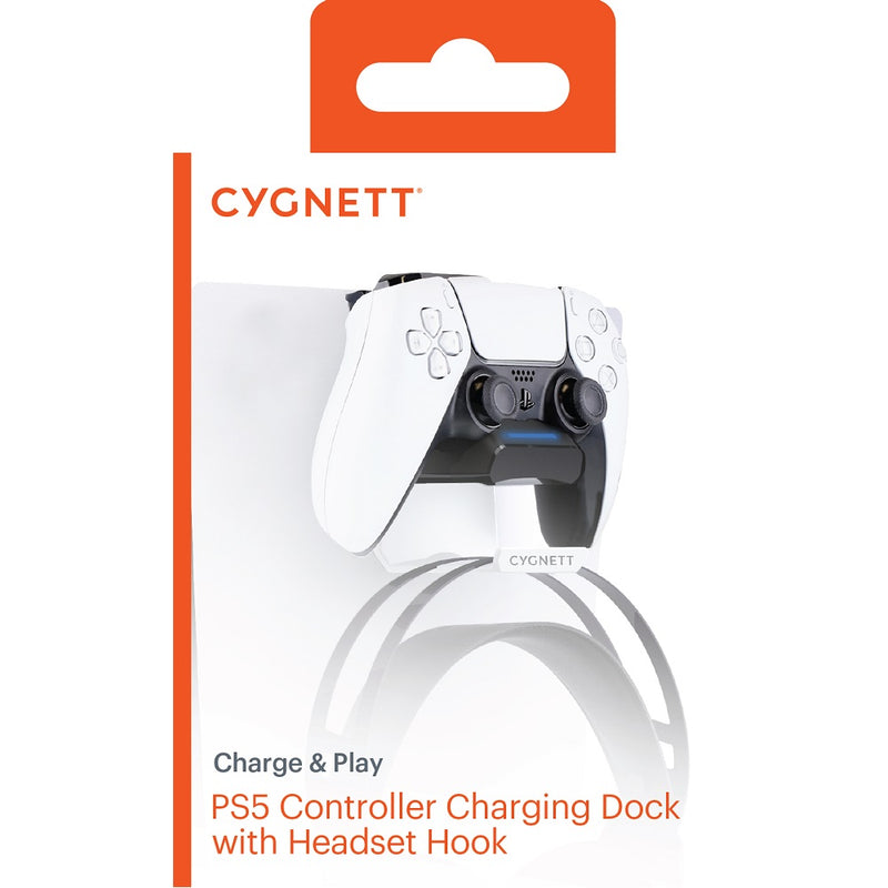 Cygnett Charge & Play PS5 Dual Sense Charging Dock + Headset Hook - Extendable Headphone Hook, Charge in just 2 hours,Wall mount option (kit) included