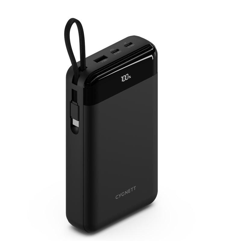 Cygnett ChargeUp Maxx 40K mAh Power Bank with Integrated USB-C Cable -Black(CY4566PBCHE)3x Device Charge Simultaneously,15cm USB-C Cable,20W Max,2 Yrs