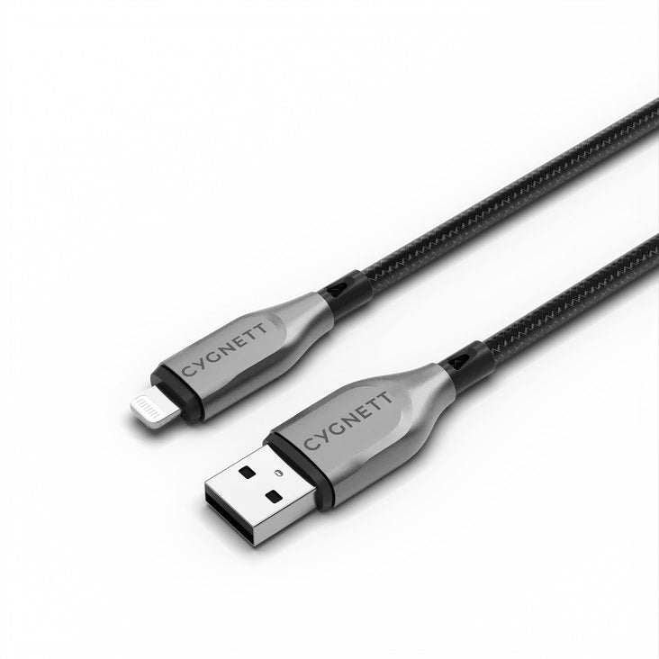 Cygnett Armoured Lightning to USB-A (2.0) Cable (2M) - Black (CY4660PCCAL), 2.5A/12W,Braided,480Mbps Transfer,Fast Charge iPhone/iPad,MFi,5 Yr. WTY.