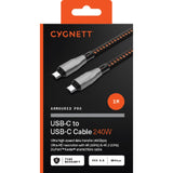 Cygnett Armoured Pro USB 4.0 USB-C to USB-C 240W, 8K, DuPont Kevlar Cable 1M - Black(CY4711PCTYC), 40Gbps Data Transfer, Ultra HD resolution Video