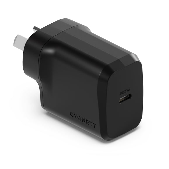 Cygnett PowerPlus 20W USB-C PD Fast Wall Charger - Black, Palm-Size, Portable,Travel-Ready,Best for iPhone,Samsung & USB-C Devices,2 Years Warranty