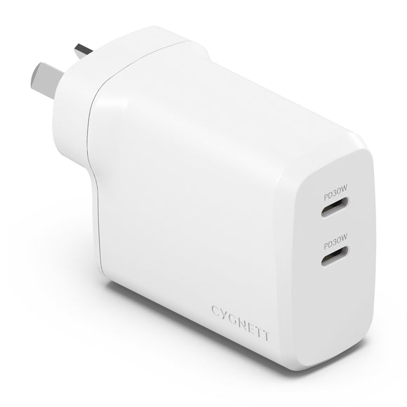 Cygnett PowerPlus 60W (30W x2) Dual Port USB-C PD Fast Wall Charger-White, Travel-Ready,Best for iPhone,Samsung's PPS & USB-C Devices,2 Years Warranty