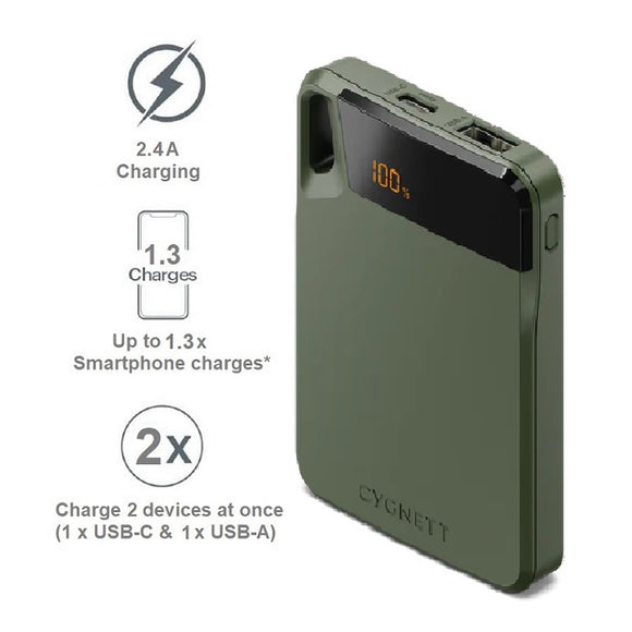 Cygnett ChargeUp Boost 4th Gen 5K mAh Power Bank-Green(CY4742PBCHE),Dual Port(USB-C 12W + USB-A 12W),15cm USB-C Cable,Digital Display,Charge 2 Devices