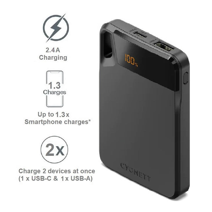 Cygnett ChargeUp Boost 4th Gen 5K mAh Power Bank-Black(CY4743PBCHE),Dual Port(USB-C 12W + USB-A 12W),15cm USB-C Cable,Digital Display, 2 Yrs