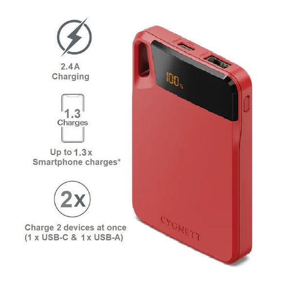 Cygnett ChargeUp Boost 4th Gen 5K mAh Power Bank - Red(CY4745PBCHE),Dual Port(USB-C 12W + USB-A 12W),15cm USB-C Cable,Digital Display,Charge 2 Devices