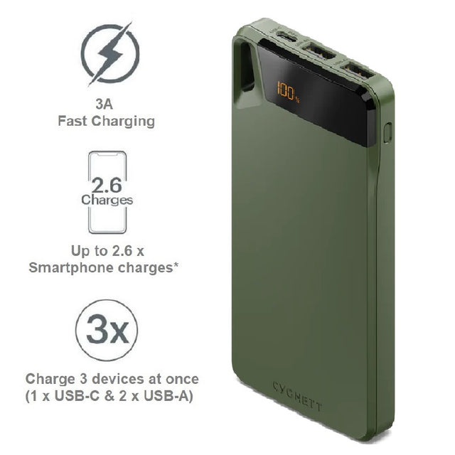 Cygnett ChargeUp Boost 4th Gen 10K mAh Power Bank-Green(CY4746PBCHE)Triple Port(Dual USB-A 15W + 1xUSB-C 15W),15cm USB-C Cable, 15W Max, 2 Yrs