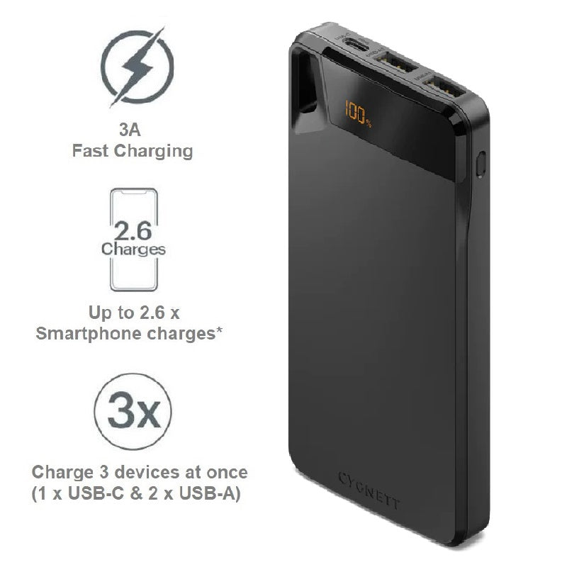 Cygnett ChargeUp Boost 4th Gen 10K mAh Power Bank-Black(CY4747PBCHE)Triple Port(Dual USB-A 15W + 1xUSB-C 15W),15cm USB-C Cable, 15W Max, 2 Yrs