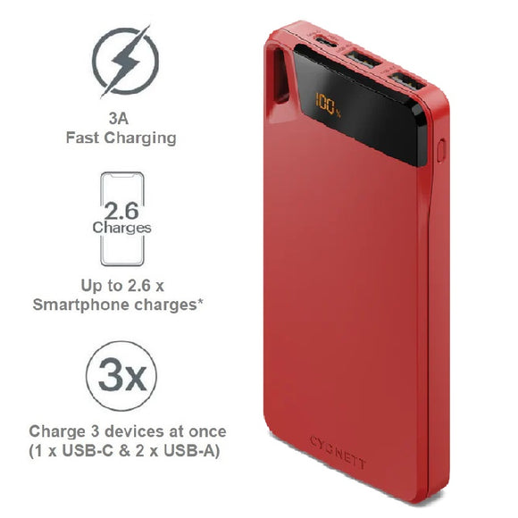 Cygnett ChargeUp Boost 4th Gen 10K mAh Power Bank - Red(CY4749PBCHE)Triple Port(Dual USB-A 15W + 1xUSB-C 15W),15cm USB-C Cable,Digital Display,15W Max