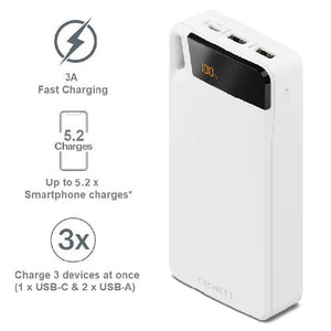 Cygnett ChargeUp Boost 4th Gen 20K mAh Power Bank-White(CY4752PBCHE)Triple Port(Dual USB-A 15W + 1xUSB-C 15W),15cm USB-C Cable,Digital Display,15W Max