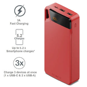 Cygnett ChargeUp Boost 4th Gen 20K mAh Power Bank-Red(CY4753PBCHE)Triple Port(Dual USB-A 15W + 1xUSB-C 15W),15cm USB-C Cable,Digital Display,15W Max