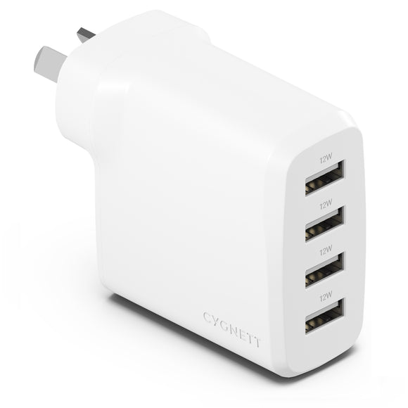 Cygnett PowerPlus 24W Multi Port USB-A Wall Charger - White, 4xUSB-A (12W),Compact,Lightweight,Charge your Devices Quickly,24W Max,2 Years Warranty