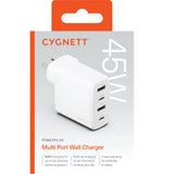 Cygnett PowerPlus 45W Multi Port Fast Wall Charger - White, 2xUSB-C PPS (45W),2xUSB-A (20W), Charge 4x Devices,Compact,Lightweight,2 Years Warranty