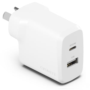 Cygnett PowerPlus 32W Dual Port (20W USB-C + 12W USB-A) PD Fast Wall Charger-White, Palm-Size,Portable,Travel-Ready,Charge 2x Devices,2 Years Warranty