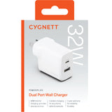 Cygnett PowerPlus 32W Dual Port (20W USB-C + 12W USB-A) PD Fast Wall Charger-White, Palm-Size,Portable,Travel-Ready,Charge 2x Devices,2 Years Warranty