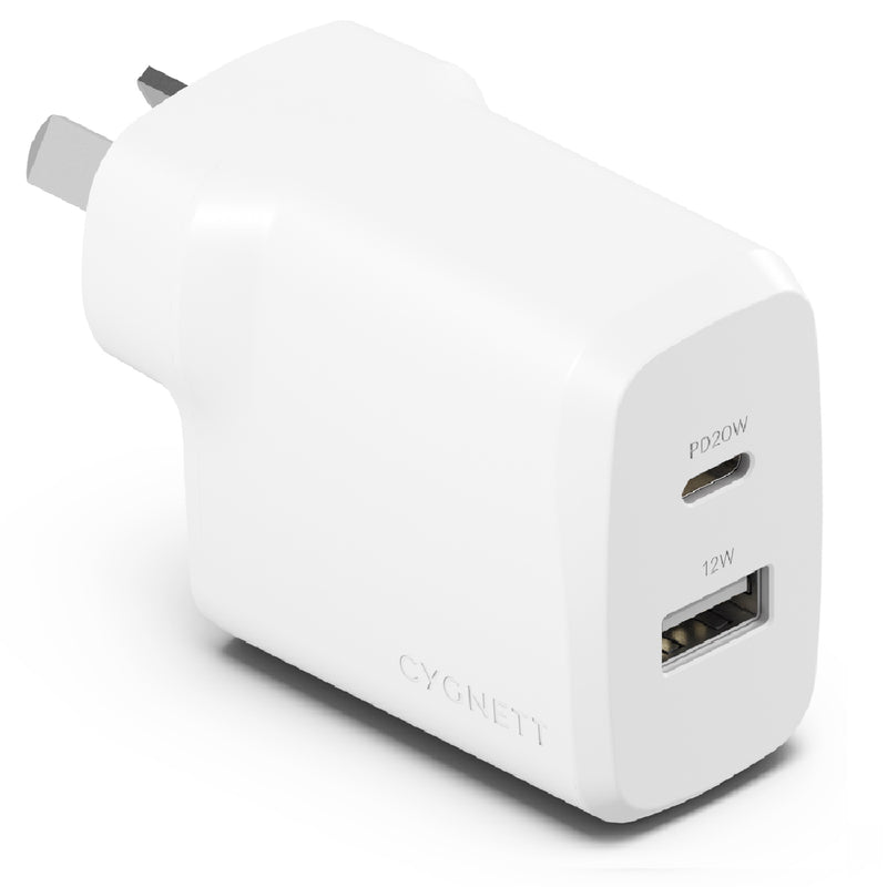 Cygnett PowerPlus 32W Dual Port (20W USB-C + 12W USB-A) PD Fast Wall Charger-White, Palm-Size,Portable,Travel-Ready,Charge 2x Devices,2 Years Warranty