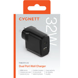 Cygnett PowerPlus 32W Dual Port (20W USB-C + 12W USB-A) PD Fast Wall Charger-Black, Palm-Size,Portable,Travel-Ready,Charge 2x Devices,2 Years Warranty