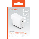 Cygnett PowerPlus 35W Dual Port USB-C PD Fast Wall Charger -White, 2xUSB-C(35W), Best for iPhone,Samsung's PPS & USB-C Devices, 2 Years Warranty