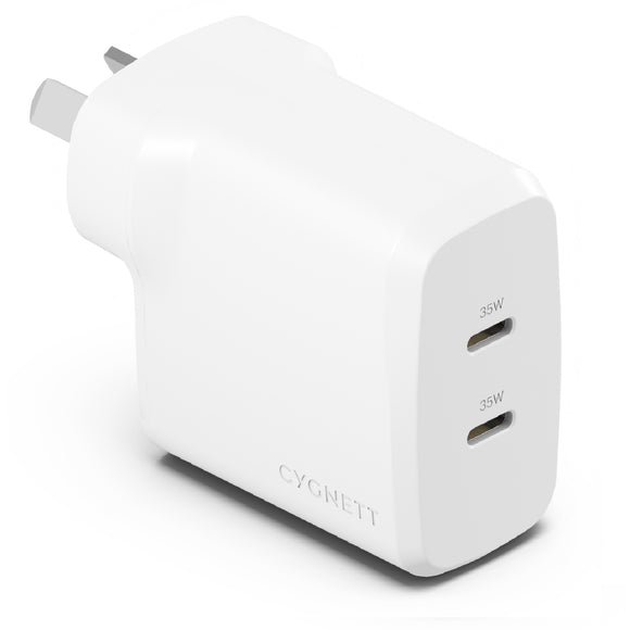 Cygnett PowerPlus 35W Dual Port USB-C PD Fast Wall Charger -White, 2xUSB-C(35W), Best for iPhone,Samsung's PPS & USB-C Devices, 2 Years Warranty