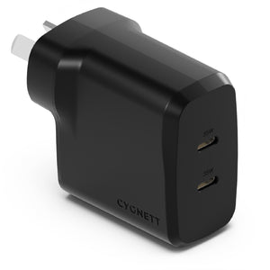 Cygnett PowerPlus 35W Dual Port USB-C PD Fast Wall Charger -Black, 2xUSB-C(35W), Best for iPhone,Samsung's PPS & USB-C Devices, 2 Years Warranty