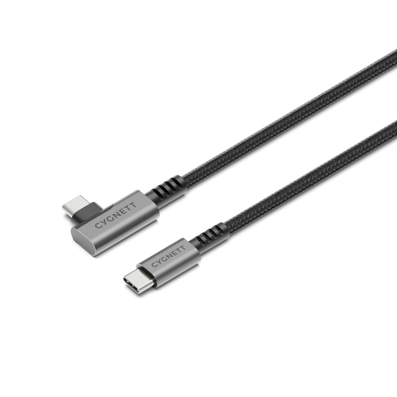 Cygnett Unite Right-Angle USB-C to USB-C (3.1) Cable (1M) - Black (CY5104PCTYC), 240W, Double Braided, 10Gbps Transfer, Fast Charge, 2 Years Warranty