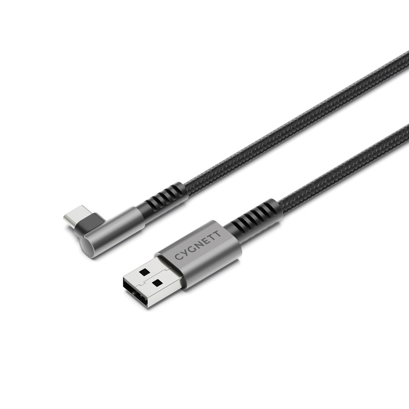 Cygnett Unite Right-Angle USB-C to USB-A (2.0) Cable (1M) - Black (CY5106PCUSA), 240W, Double Braided, 10Gbps Transfer, Fast Charge, 2 Years Warranty