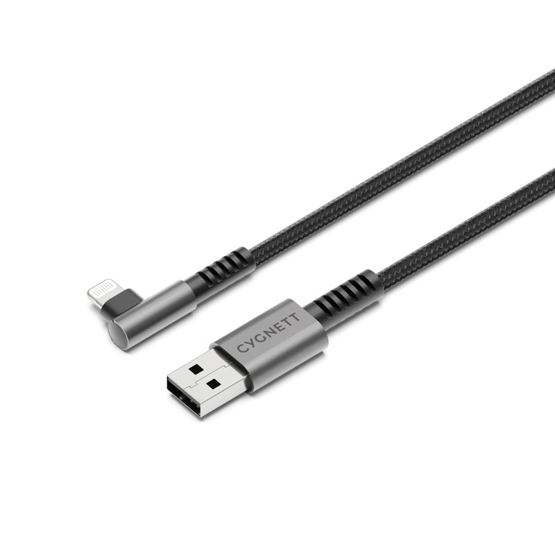 Cygnett Unite Right-Angle Lightning to USB-A Cable (1M) - Black (CY5108PCCSL), 240W, Double Braided, 10Gbps Transfer, Fast Charge,MFi,2 Years Warranty