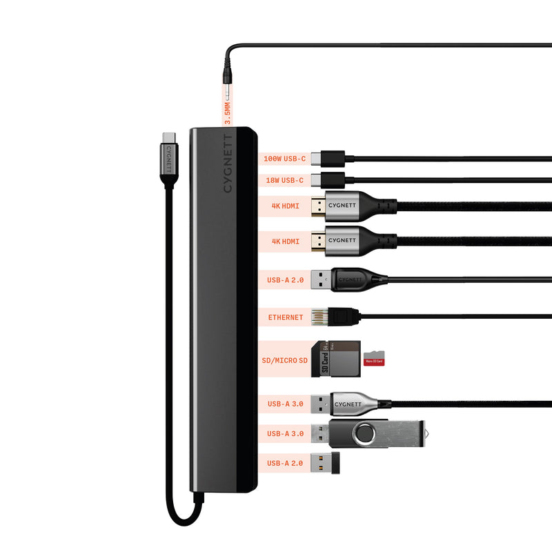 Cygentt UniteRiser 12-in-1 USB-C Multiport Hub Adapter, 4x USB-A, 2xUSB-C (100W PD/3.0), 2xHDMI(60Hz/30Hz),1x SD 1xMicroSD,1x Ethernet,1x 3.5mm, 2 Yrs