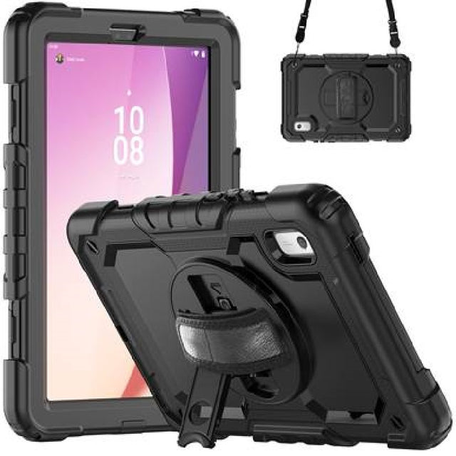 Generic Rugged Lenovo Tab M9 (9") Case + Screen Protector Black - Built-in-Kickstand, Adjustable Hand Strap, Shoulder Strap